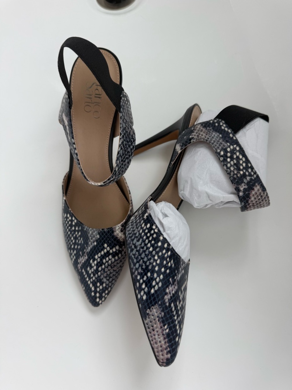 Franco Sarto Black Snake-Print Pointed Slingback Heels